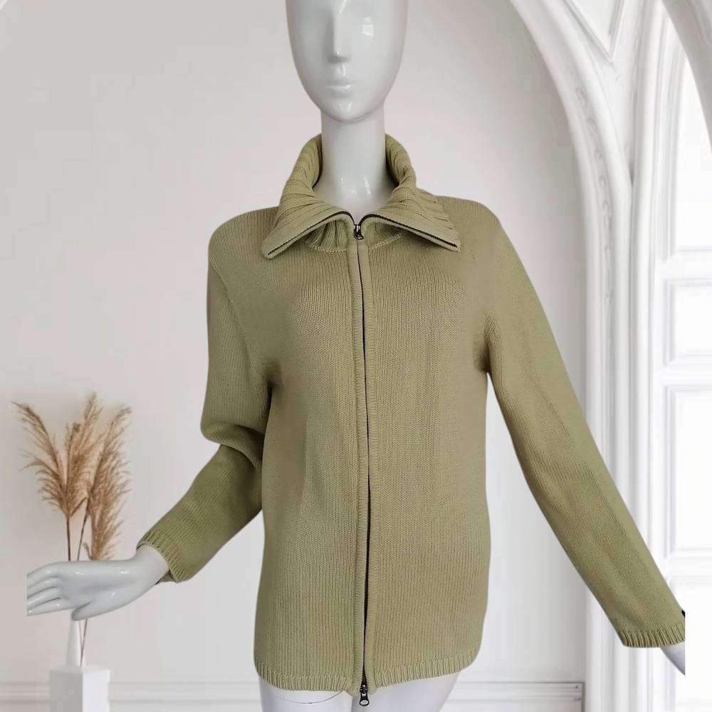 Sage Green Knit Cardigan with Full-Length Zipper